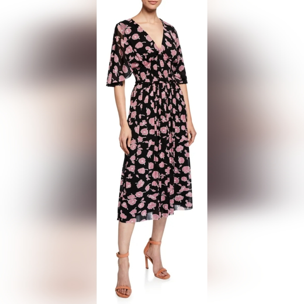 Diane Von Furstenberg Nala Flutter Sleeve Black/Pink Floral Midi Dress Large